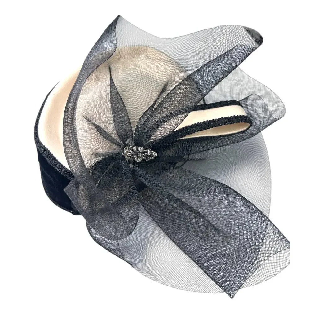 Vintage 40's fascinator hat pill box sheer bow cream black rhinestone Old Money - Picture 5 of 9